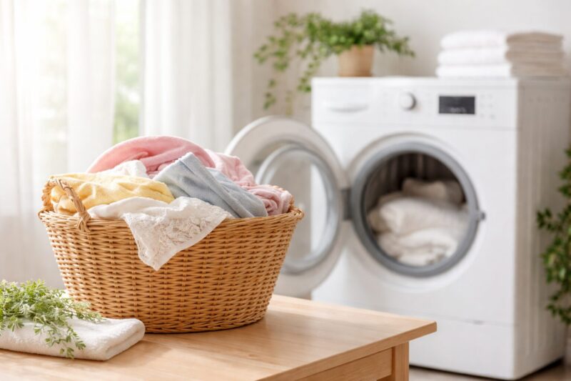 家庭用乾燥機で洗濯物を乾かす様子とナチュラルな室内空間