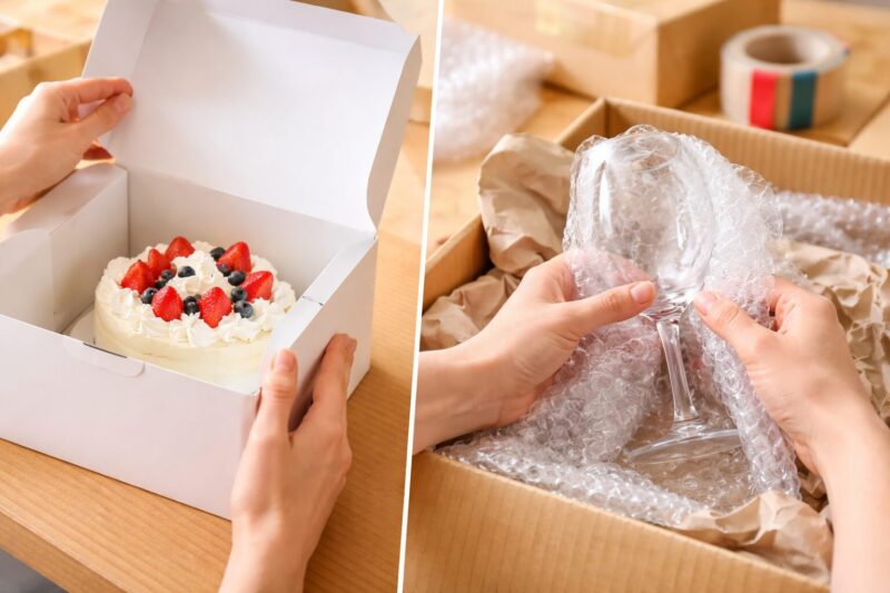 ケーキとガラス製品を緩衝材で梱包している様子