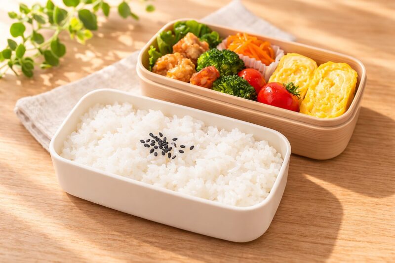 two tier bento lunchbox showing rice and side dish layers