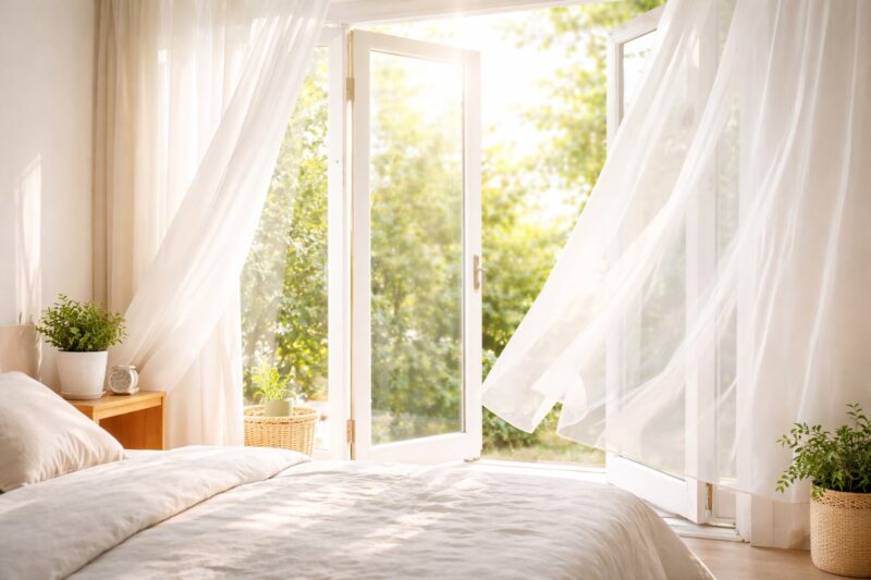ベッド下の掃除で清潔な寝室を保つイメージ（朝の光と換気された部屋）