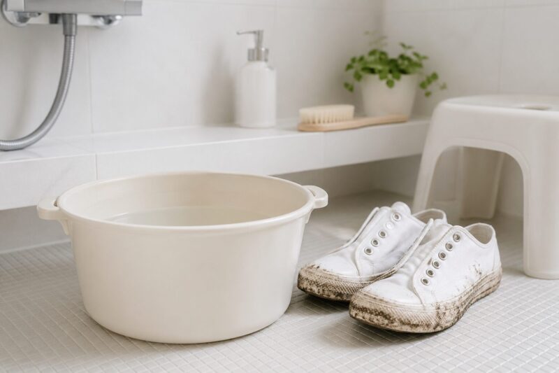 マンションの浴室でバケツを使い靴の泥汚れを安全に洗う手元の様子