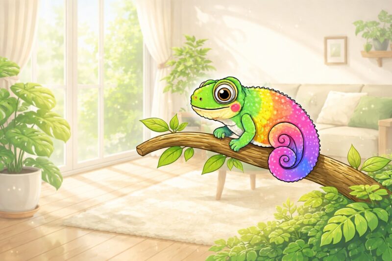 chameleon in calm natural room soft light illustration（落ち着いた空間でくつろぐカメレオンのやさしいイラスト）