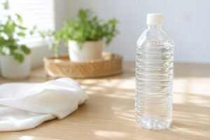 気の抜けた炭酸水のペットボトルをテーブルに置いた生活イメージ