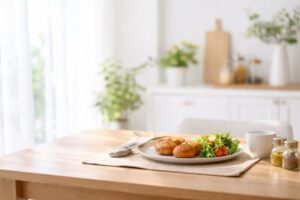 かぼちゃコロッケと調味料の組み合わせを比較しながら選べるイメージの食卓