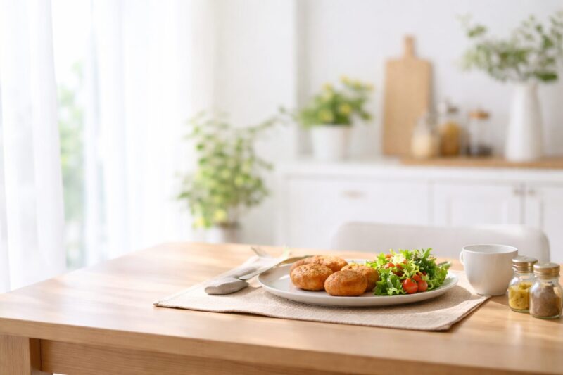 かぼちゃコロッケと調味料の組み合わせを比較しながら選べるイメージの食卓