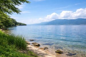 琵琶湖の広がりと近江の場所がイメージできる風景