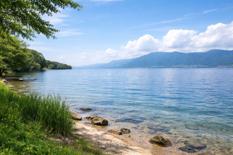 琵琶湖の広がりと近江の場所がイメージできる風景