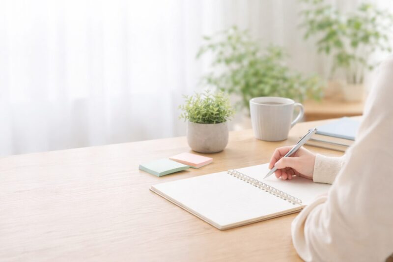 児童の特徴の書き方をまとめた記事のイメージとしての明るいノートと自然光のデスク環境