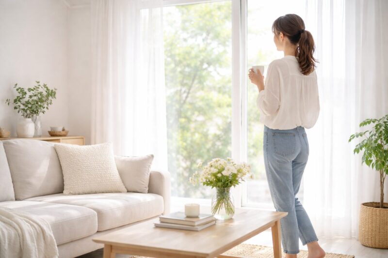 ワイドパンツとバギーパンツの違いをわかりやすく解説するナチュラルな部屋のイメージ