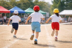 運動会のかけっこで元気に走る子どもたちの様子と応援で盛り上がる会場の雰囲気