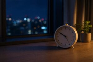 夜更けとは何時頃かを表す夜の時間帯のイメージ（時計と暗い部屋）