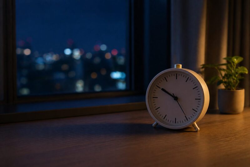 夜更けとは何時頃かを表す夜の時間帯のイメージ（時計と暗い部屋）