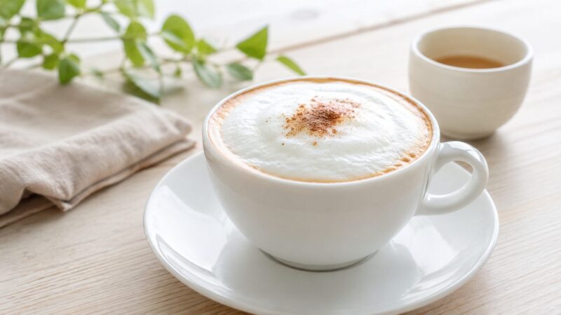 フォームミルクをのせたカフェラテの作り方を解説するおうちカフェイメージ