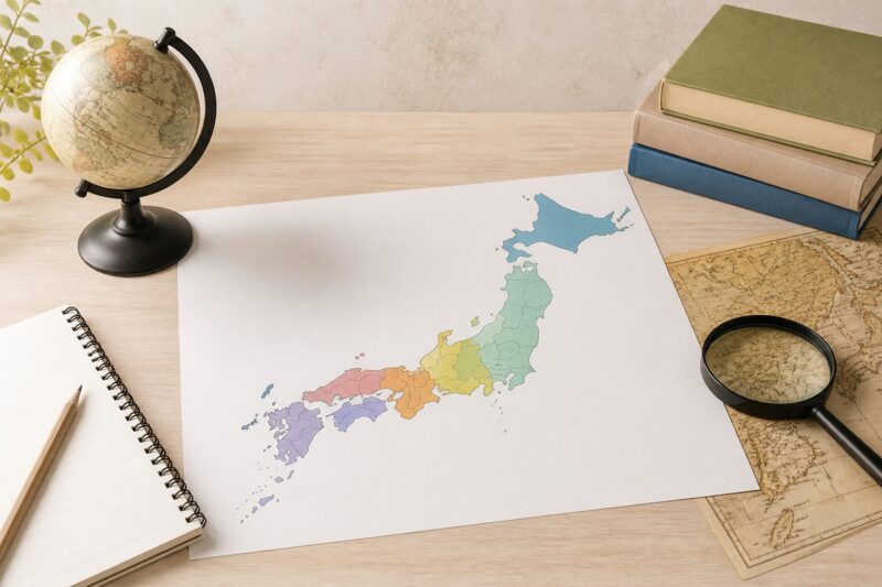 旧国名の読み方と現在の地名を日本地図で確認するイメージ