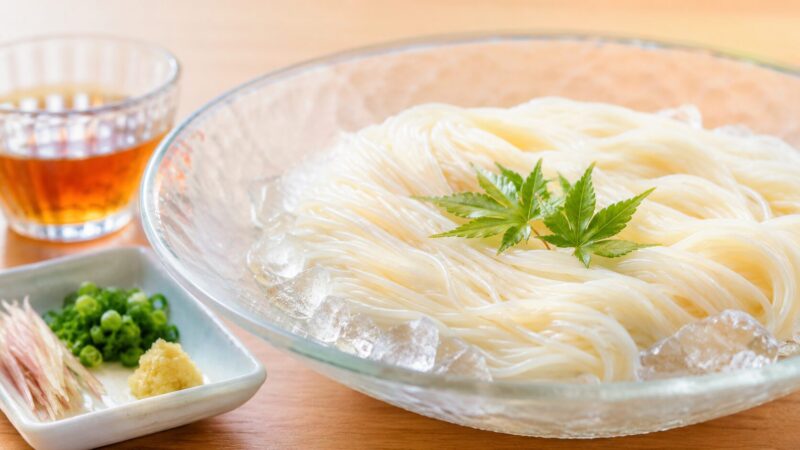 そうめん一人前の量をイメージできる、冷たいそうめんと薬味を盛り付けた写真