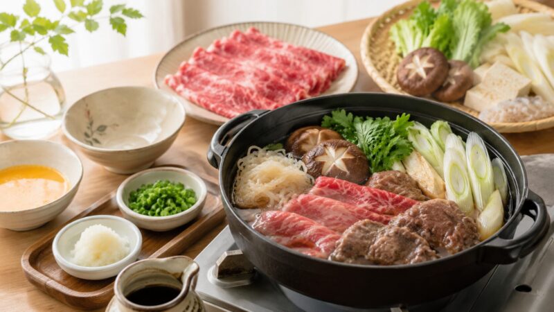 すき焼きのタレが甘すぎる時に醤油やだしで味を調整するイメージ