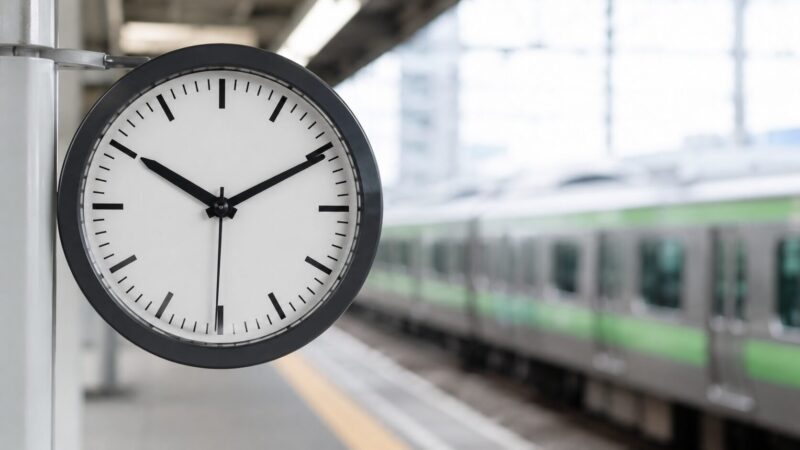 大回り乗車の時間制限をイメージした駅ホームの時計と電車風景