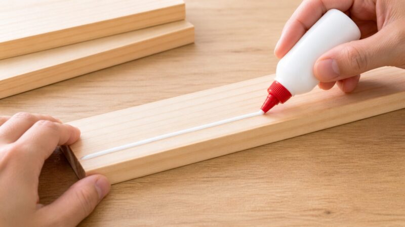 木工用ボンドを木材に丁寧に塗っている手元の様子