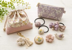 バザーで売れる巾着やポーチ、ヘアゴムなどの手作り品
