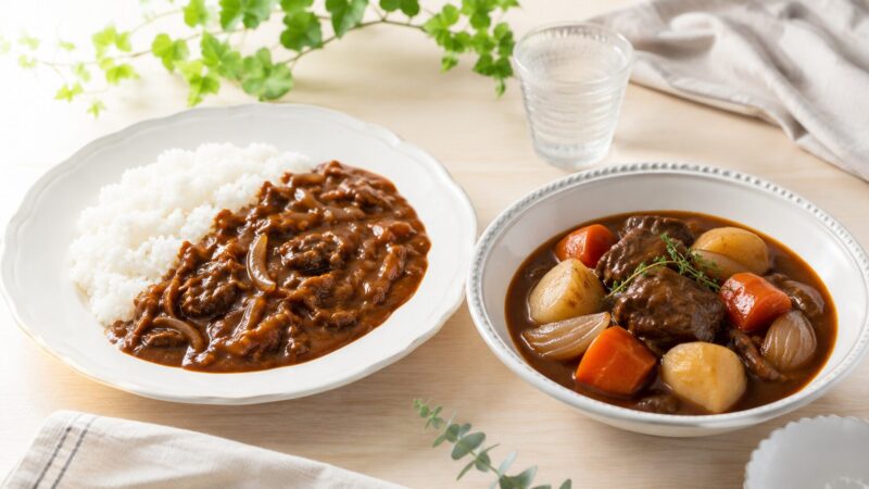 ビーフシチューとハヤシライスを並べてルーの違いを比較した料理写真