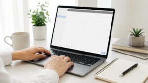ビジネスメールで「ただ」の言い換えを考えながらパソコンで文章を作成する手元