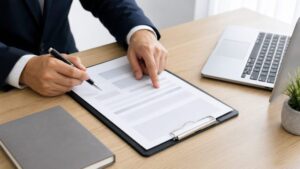決裁と承認の違いを確認するために申請書をチェックするビジネスパーソンの手元