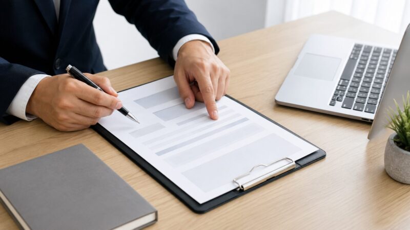 決裁と承認の違いを確認するために申請書をチェックするビジネスパーソンの手元