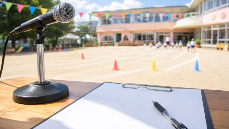 保育園の運動会リレーで使うアナウンス原稿とマイク