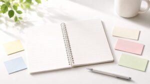 「なお」と「また」の違いを整理するためのノートと付箋のイメージ