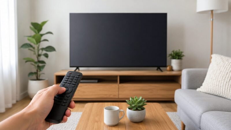 テレビをつける漢字の使い分けを解説するための、リモコンとテレビがある明るいリビングの写真