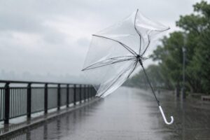 風速15mの強風で傘があおられる雨の日の歩道