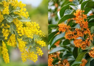 黄色いミモザとオレンジ色の金木犀の花や葉の違いを比較した画像
