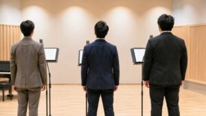 テノール・バリトン・バスの違いを表す3人の男性歌手