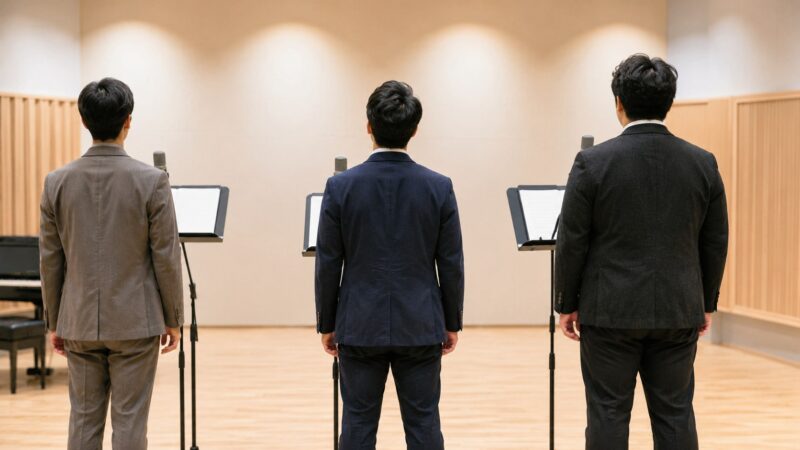 テノール・バリトン・バスの違いを表す3人の男性歌手
