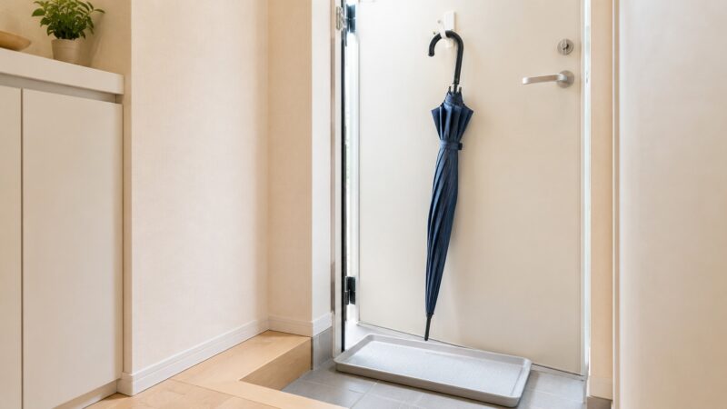 狭い玄関で傘をフックに掛けて水受けトレーの上で乾かしている様子