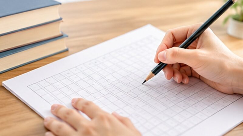 読書感想文の書き方を考えながら原稿用紙に文章を書いている手元