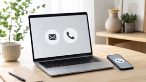 電話マークを表示したノートパソコンとスマートフォン
