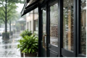 大雨で営業時間を変更する店舗のイメージ