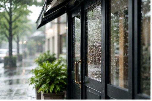 大雨で営業時間を変更する店舗のイメージ