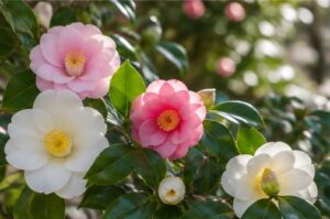 白やピンクの椿が咲く様子