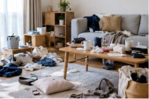片付けたいのに物を置く場所がなく散らかったリビング