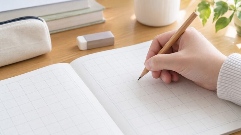 「材」の漢字は右が突き出るかを確認しながら方眼ノートに鉛筆で書く手元