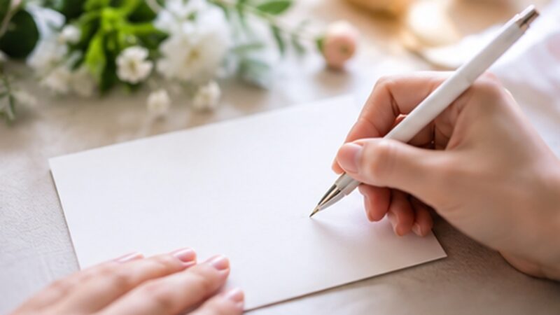 後輩への結婚祝いメッセージを書くイメージのカードと花