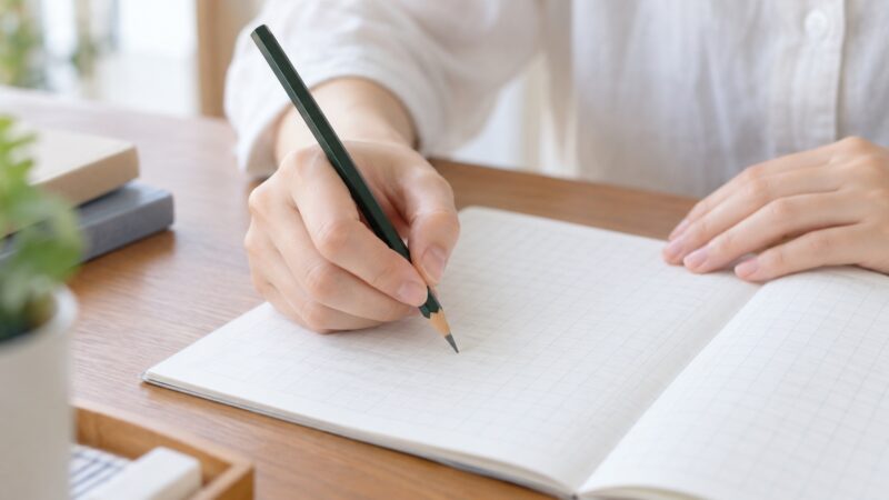 「女」の漢字の書き方を確認するイメージ、方眼ノートに鉛筆を構える手元
