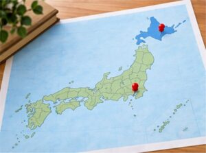 東西南北がつく都道府県の東京都と北海道を赤いピンで示した日本地図のイメージ
